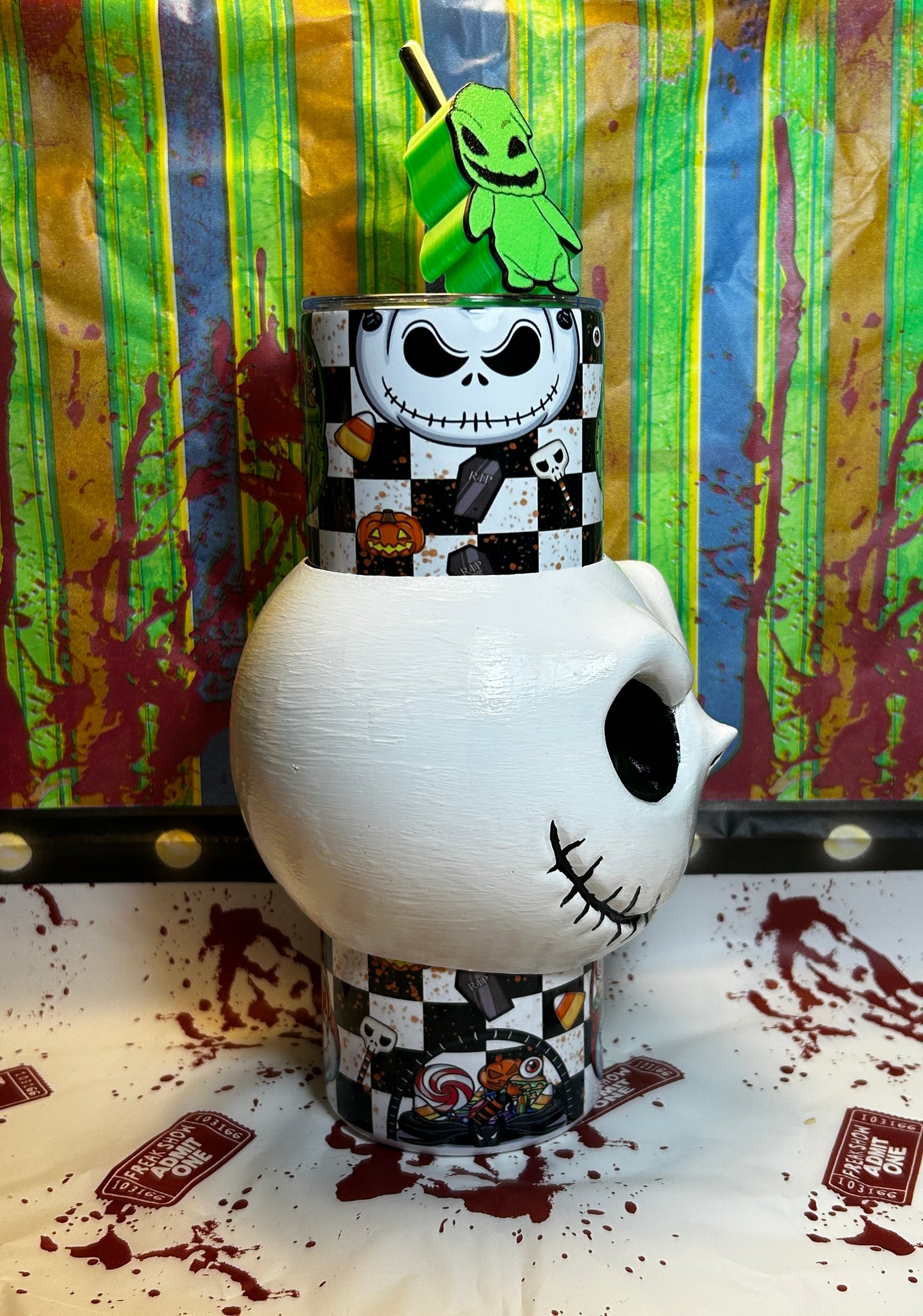 Jack Skellington Tumbler With REMOVABLE 3D Head Sleeve & Straw Topper