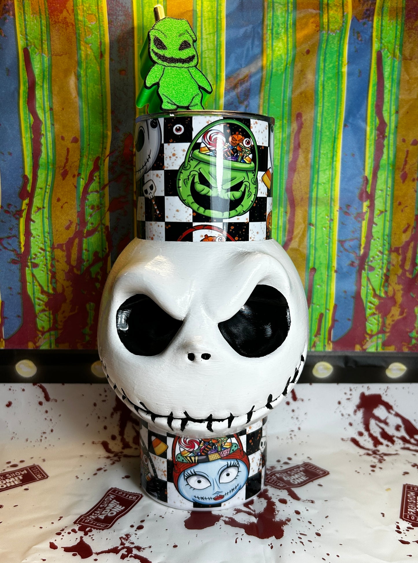 Jack Skellington Tumbler With REMOVABLE 3D Head Sleeve & Straw Topper