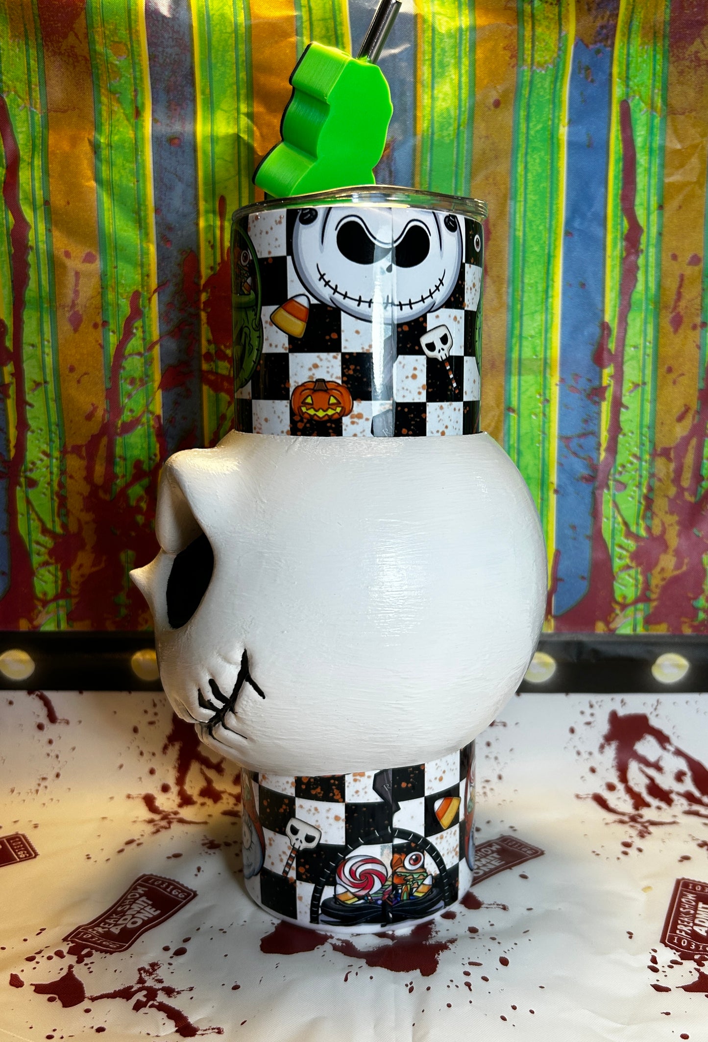 Jack Skellington Tumbler With REMOVABLE 3D Head Sleeve & Straw Topper
