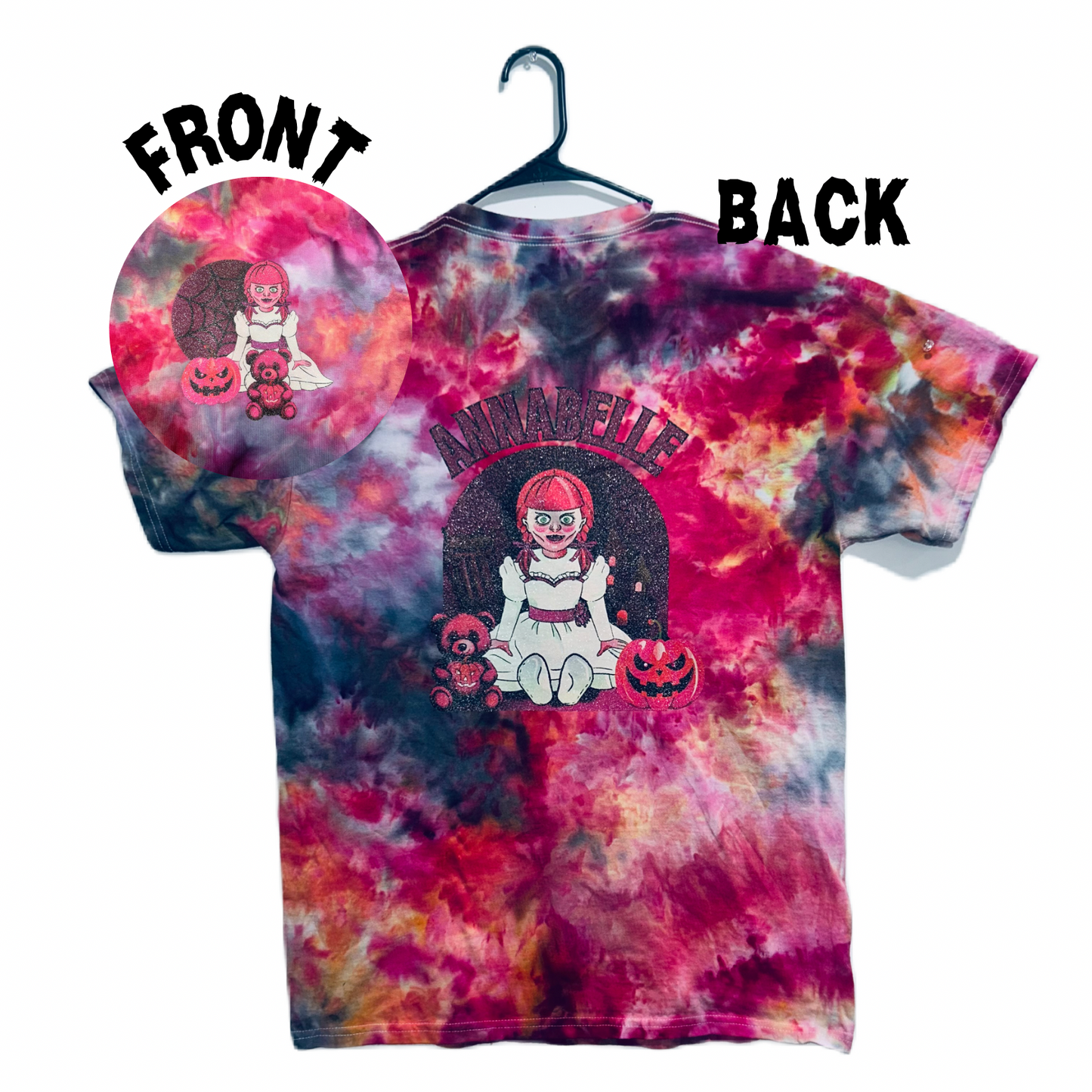 Annabelle Doll Tie Dye T-Shirt or Crewneck Sweater With Option Of Glittered Design