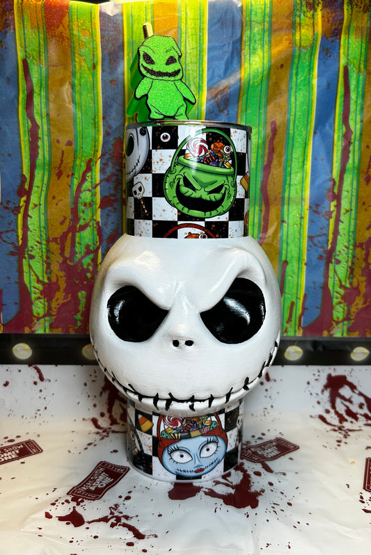 Jack Skellington Tumbler With REMOVABLE 3D Head Sleeve & Straw Topper