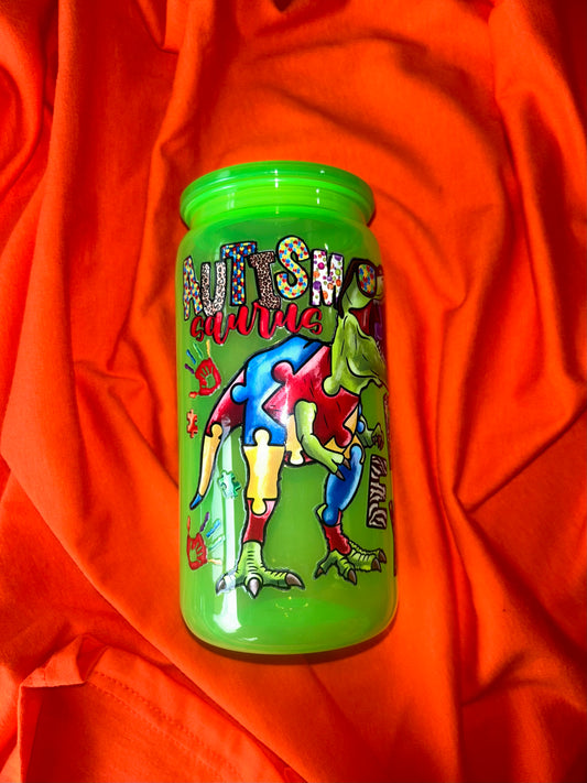 Autism Saurus Rex Autism Awareness Neon Green 16oz Acrylic Tumbler